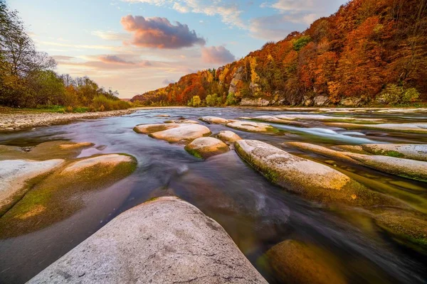 Dağ nehri vahşi taş kıyısı. Sonbaharda mavi gökyüzünün altında yüzen bulutlarla birlikte tepede yetişen renkli ağaçlara karşı akıntılar var.