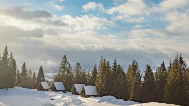 冬天，喀尔巴阡山脉上空飘扬的云彩覆盖着森林和雪堆 — 图库视频影像
