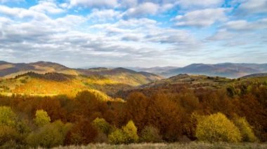 Yükseklerdeki yamaçlarda yemyeşil sonbahar ağaçları bulutlu gökyüzünün altında