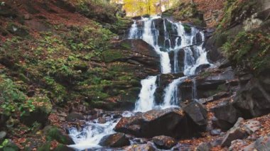 Şelale sonbahar ormanında dağ yamacından aşağı düşüyor.