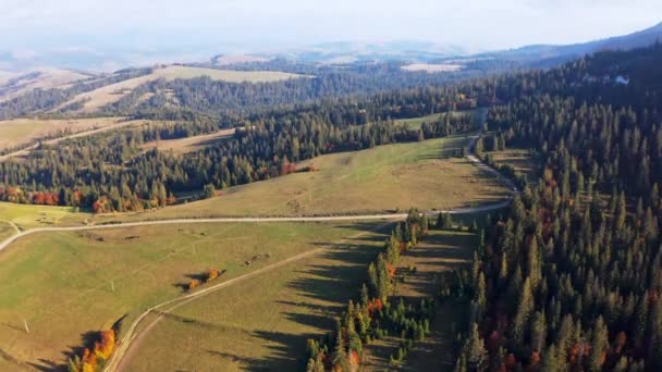 Terras altas e colinas com estradas estreitas e florestas de outono — Vídeo de Stock