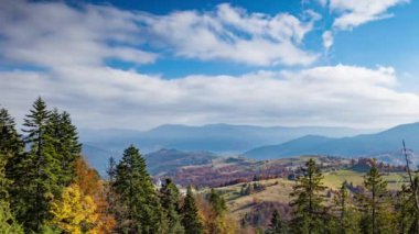 Dağlık vadi ve dağlara karşı kozalaklı ağaçlar.
