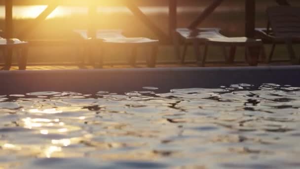Ovanifrån av poolen med klart vatten på semester på solnedgången bakgrund — Stockvideo