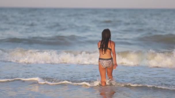 A girl with loose hair walks on the sea with waves and enjoys the sun — Αρχείο Βίντεο