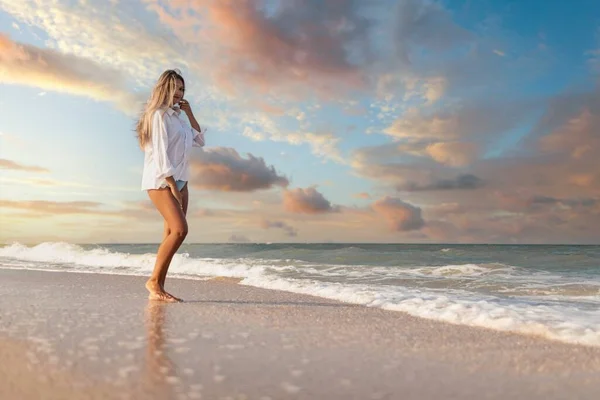 Slender Young Girl Gentle Blue Swimsuit White Shirt Walks Wide — Stock Photo, Image