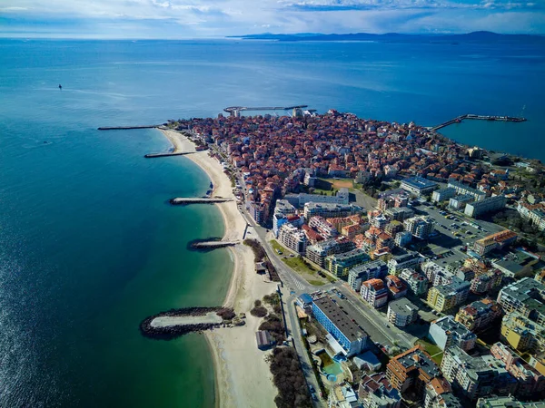 Panoramisch Vogelperspectief Het Kleine Oude Badplaatsje Pomorie Met Oude Europese — Stockfoto