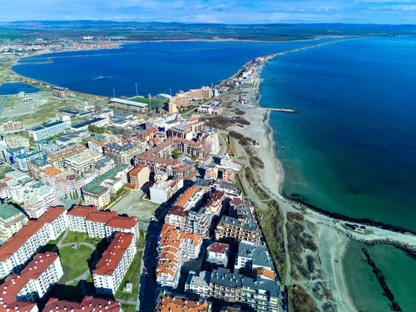 Vista Panorámica Pájaro Sobre Pequeña Ciudad Turística Antigua Pomorie Con — Foto de Stock