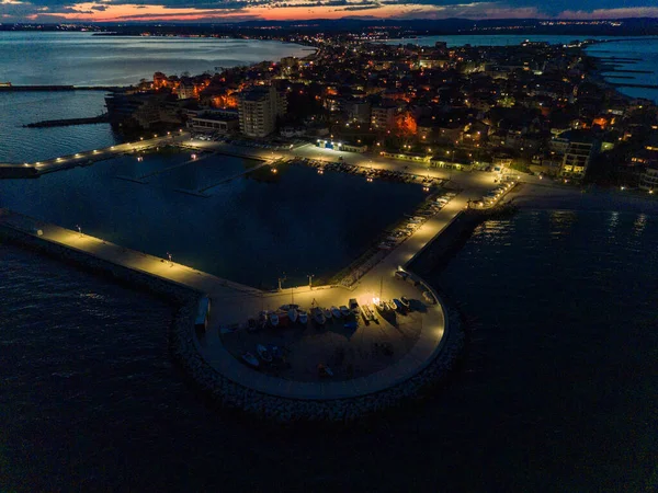 Panorama Van Nacht Zee Lichtgevende Stad Pomorie Met Moderne Comfortabele — Stockfoto