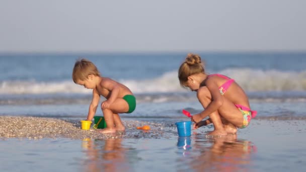 Kakak perempuan bermain dengan adik kandas dekat pantai pada liburan musim panas — Stok Video