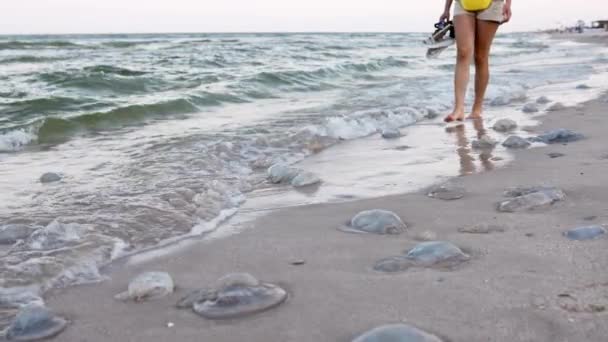 Una chica con las piernas bronceadas camina por la playa que estaba llena de medusas peligrosas muertas — Vídeos de Stock