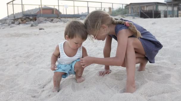 Chica ayudando a su hermano pequeño a buscar conchas marinas en la arena de la costa — Vídeos de Stock