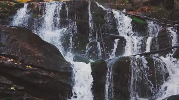 Cascada que cae por la pendiente de la montaña en el bosque de otoño — Vídeos de Stock