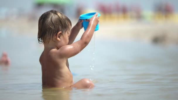 Ungen samlar snäckor och småsten i havet på en sandbotten under sommarsolen på semester — Stockvideo