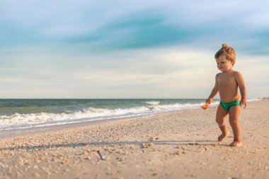 Çocuk yaz güneşinin altında kumlu bir zeminde deniz kabukları ve çakıl taşları topluyor.