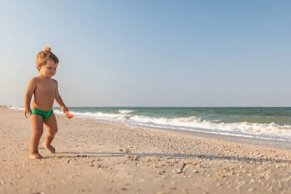 Niño recoge conchas y guijarros en el mar en un fondo arenoso bajo el sol de verano en unas vacaciones — Foto de Stock