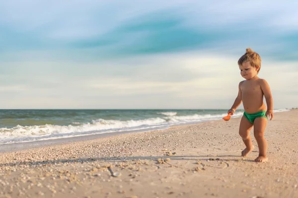 Kid recueille des coquillages et des cailloux dans la mer sur un fond sablonneux sous le soleil d'été en vacances — Photo