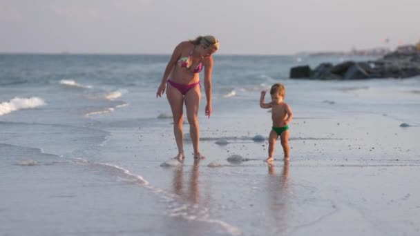 Mamma oroar sig för sin son och berättar om giftiga maneter som går längs stranden beströdda med maneter. — Stockvideo