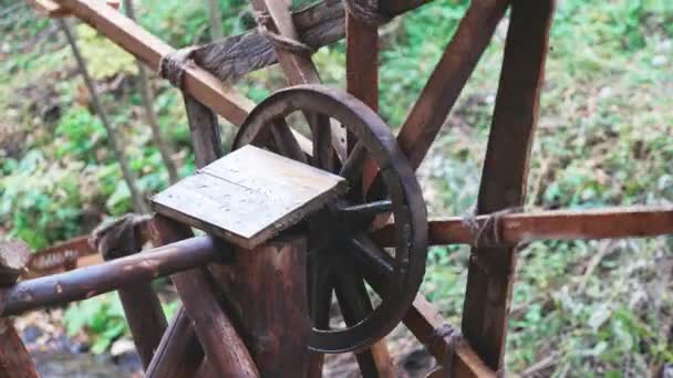 The mill drives the water in the river in the autumn forest in cloudy weather — Stock Video