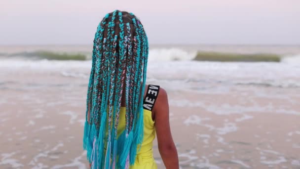 Uma menina em um terno de verão com tranças africanas olha para o horizonte do mar enquanto está de pé na praia — Vídeo de Stock
