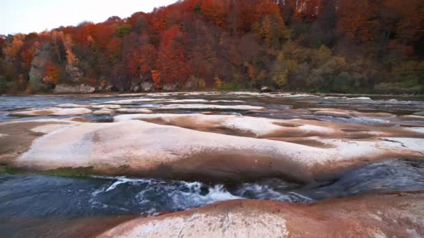 Schieberegler-Echtzeit-Video, Stromschnellen mit Herbstwäldern an den Ufern — Stockvideo