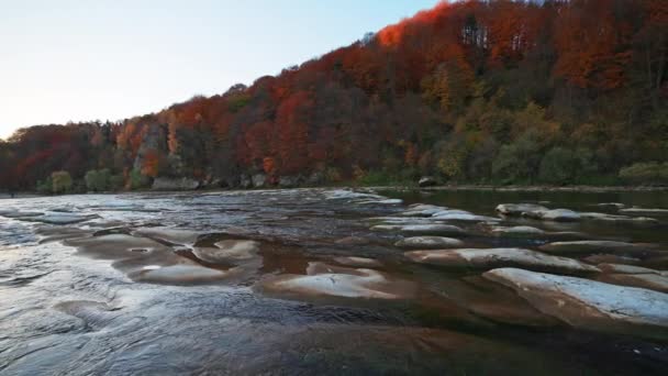 Slider pan video en cámara lenta, rápidos fluviales con bosques de otoño en las orillas — Vídeos de Stock