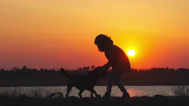 Ein Mädchen spielt mit einem Wachhund der Rasse Rottweiler vor der Kulisse eines Sees und Sonnenuntergangs — Stockvideo