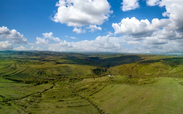 Vista Pájaro Panorama Prados Verdes Florecientes Primavera Laderas Arboladas Las —  Fotos de Stock