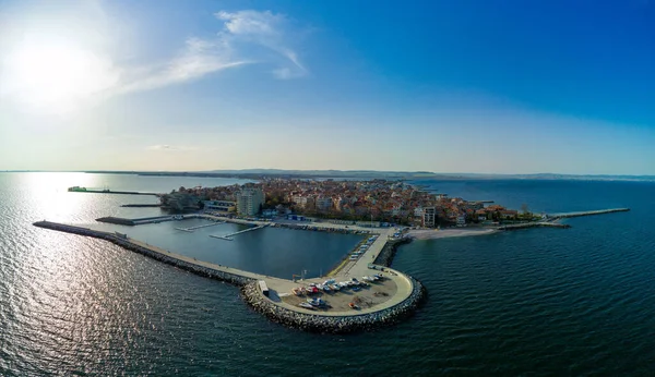 Panoramisch Vogelperspectief Het Kleine Oude Badplaatsje Pomorie Met Oude Europese — Stockfoto