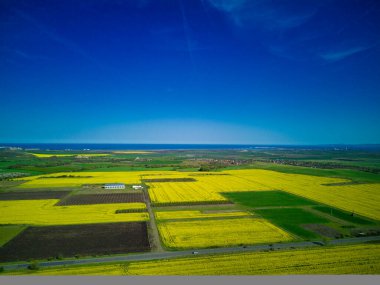 Bulgaristan 'ın sıcak güney ülkesinde, küçük boş bir köy ve bulutlu mavi gündüz vakti gökyüzünün zeminine karşı, dağda ve çayır vadisindeki sarı pınarlı büyük çiçek tarlaları.