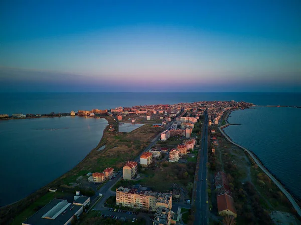 Pohled Ptačí Perspektivy Malé Starobylé Letovisko Pomorie Starými Evropskými Domky — Stock fotografie