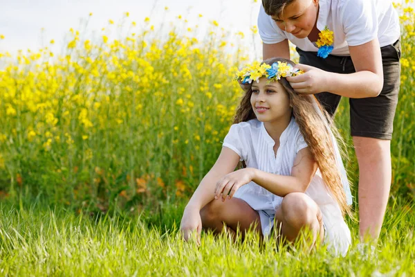 年纪轻轻的弟弟 带着五颜六色的彩带 戴着乌克兰语的蓝色花环 头上缀着野花 脸上挂着欢快的微笑 绿色的草地上 背景是繁茂的田野和清澈的天空 — 图库照片