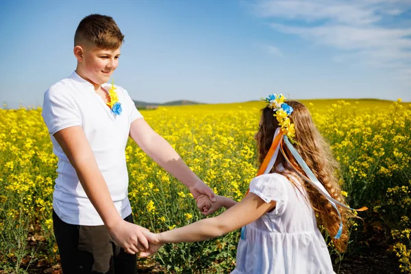 Веселих Підлітків Старший Брат Смішна Сестра Квітковим Українським Яскравим Вінок — стокове фото