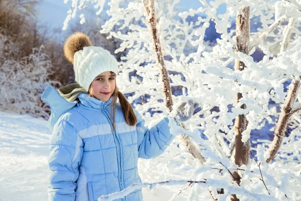 Zijaanzicht Van Mooi Meisje Wanten Schudden Besneeuwde Tak Van Boom — Stockfoto