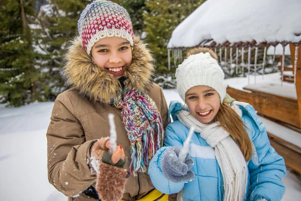 Две Веселые Дружелюбные Девушки Теплой Зимней Яркой Одежде Тыкают Льдом — стоковое фото