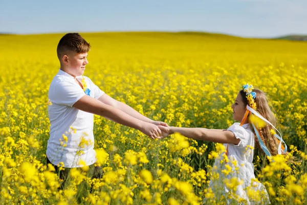 Vrolijke Vrolijke Tieners Oudere Broer Lachende Zus Met Bloemen Oekraïense — Stockfoto