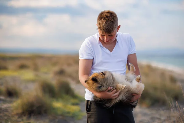 A cheerful happy kind teenage guy in a white T-shirt with light brown hair holds in his arms a small fluffy golden-haired dog of the Pomeranian breed, against the backdrop of a bright sunny blue sky
