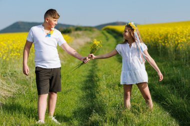 Küçük, parlak sarı bukete yakın, tarlada yabani küçük kolza tohumu çiçekleri bilinmeyen genç çocukların ellerinde, sonsuz tarlaların ve ılık yaz güneşi altında yeşil çayırların üzerinde