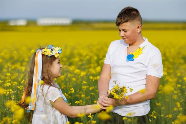 Alegres Alegres Crianças Despreocupadas Irmão Irmã Coroa Flores Ucraniana Floral — Fotografia de Stock