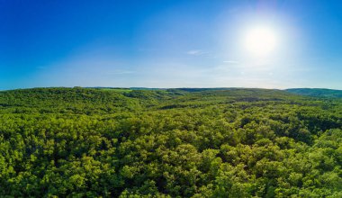 Sonsuz yaprak döken yeşil ormanların panoraması taze bahar yaprakları ile korunaklı küçük tepeler ve Balkan Dağları açık mavi gökyüzünün altında parlak, güneşli, altın bir günbatımına karşı