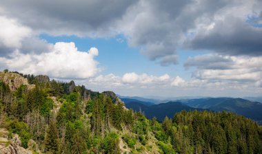 Yoğun koyu ladin ormanları ve mavi bulutlu gökyüzü ile kaplı dağ vadisinin arka planına karşı yeşil parlak bitki örtüsüyle kaplı Rodop Dağlarının yüksek kayalık vahşi dağ sıraları