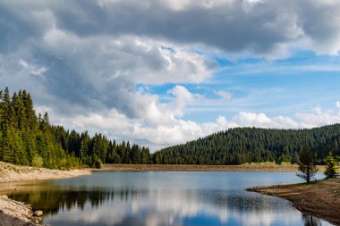 Küçük mavi bir yansıyan göl ve berrak bir dağ serin suyu. Kaya gibi sığ, yabani kıyıları olan, kozalaklı ormanlarda, uzun, tüylü, dikenli köknar ağaçları olan, soluk mavi, bulutlu bir gökyüzüne karşı.