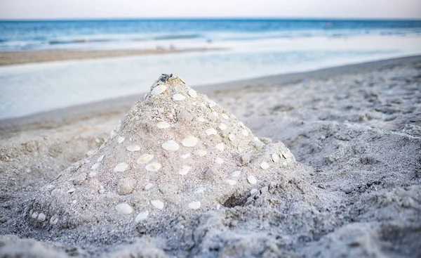 Beautiful Small Neat Sand Castle Stands Large Sea Sandy Beach — Stock Photo, Image