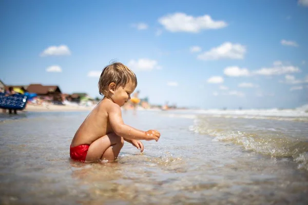 少し面白い子供 明るい休暇に暑い夏の太陽の下で砂の底に穏やかな青い海のシェルと小石を収集します — ストック写真