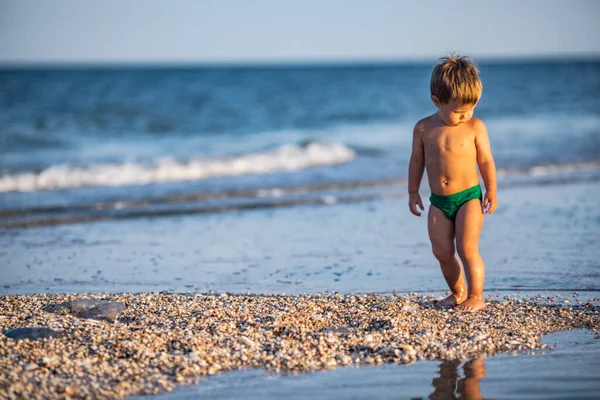 少し面白い子供 明るい休暇に暑い夏の太陽の下で砂の底に穏やかな青い海のシェルと小石を収集します — ストック写真