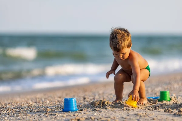 Pequeño Niño Divertido Recoge Conchas Guijarros Tranquilo Mar Azul Fondo —  Fotos de Stock