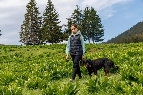 Alegre Adolescente Traje Turquesa Pasea Con Fiel Amigo Perro Obediente —  Fotos de Stock