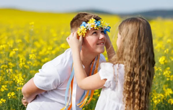 Vriendelijke Vrolijke Jongere Zus Zet Oudere Lachende Tienerbroer Heldere Oekraïense — Stockfoto