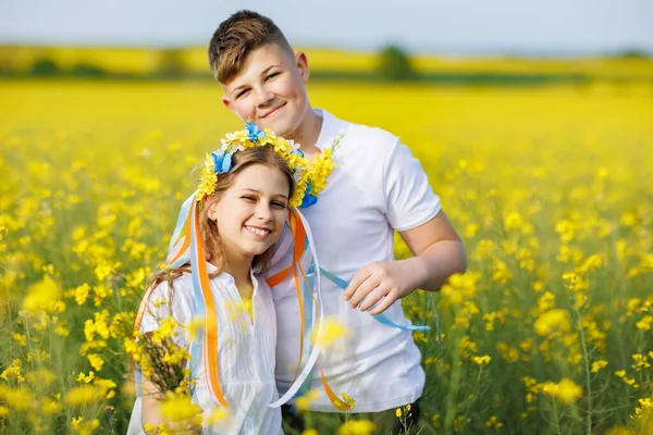 幸せな屈託のないネイティブの子供たちのフロントビュー 兄と妹遠く離れた緑の芝生に囲まれたパスに沿って歩いて黄色の花の菜の花畑によって曇った空に対して — ストック写真