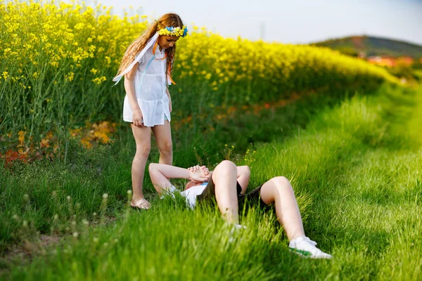 Vrolijk Vrolijk Glimlachend Meisje Met Heldere Oekraïense Bloem Krans Met — Stockfoto