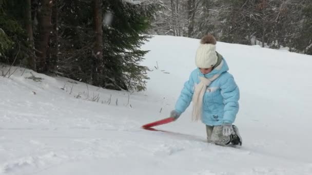 Front View Female Child Pulling Her Plastic Sled Snowy Slope — Video